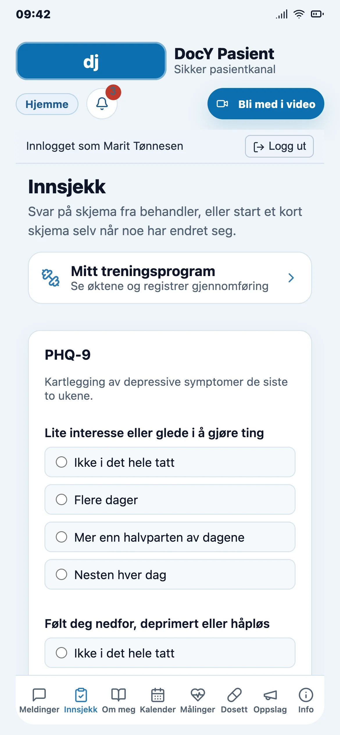 Pasientkanalen med innsjekkskjema for en fiktiv pasient