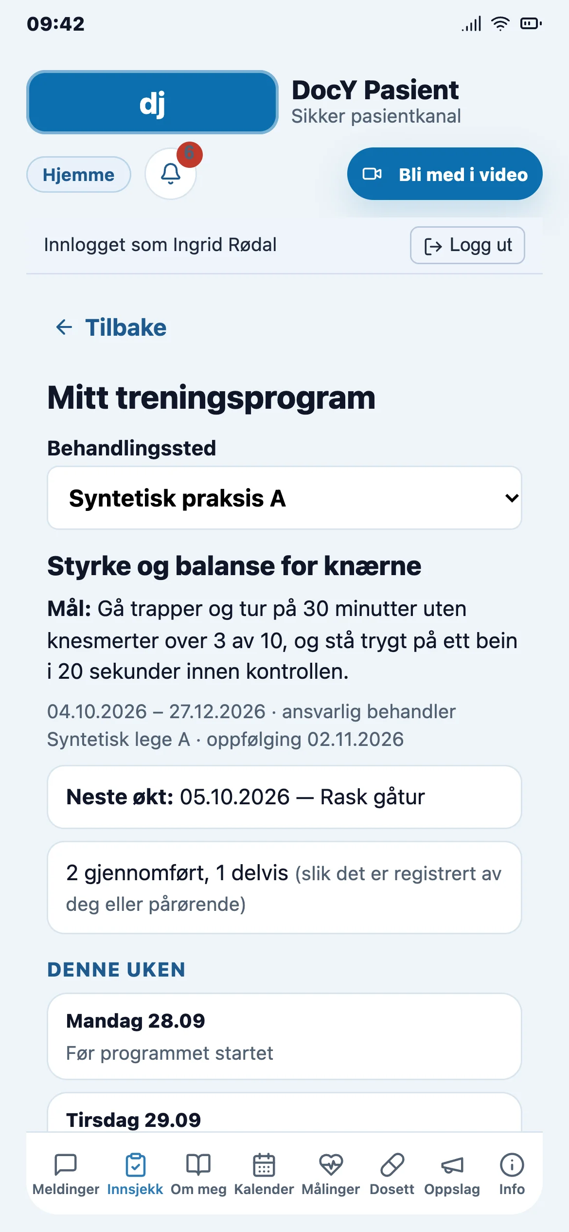 Pasientkanalen med treningsprogram og økter, fiktiv pasient